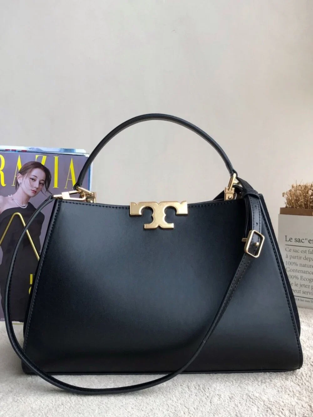 Tory Burch Black Eleanor Trapezoid Top Handle Satchel Crossbody Bag
